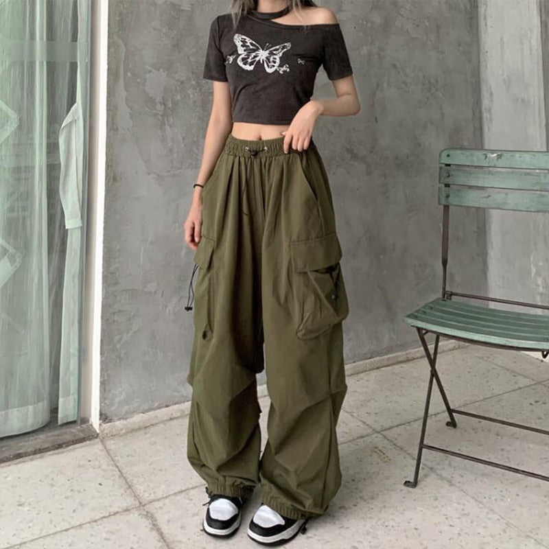 Women Casual Baggy Cargo Pants Solid Low Waist Joggers Tech Pants Drawstring Wi