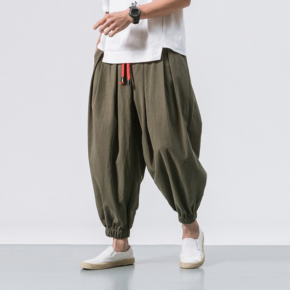 New Oversized Men Harem Pants Loose Chinese Style Cotton and Linen Sweatpants J