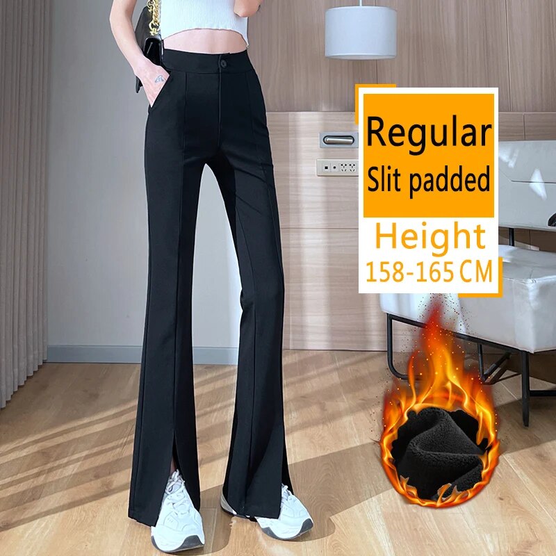 Plus Size Slit Front Black Flare Pants for Women Korean Style Casual Office Lad