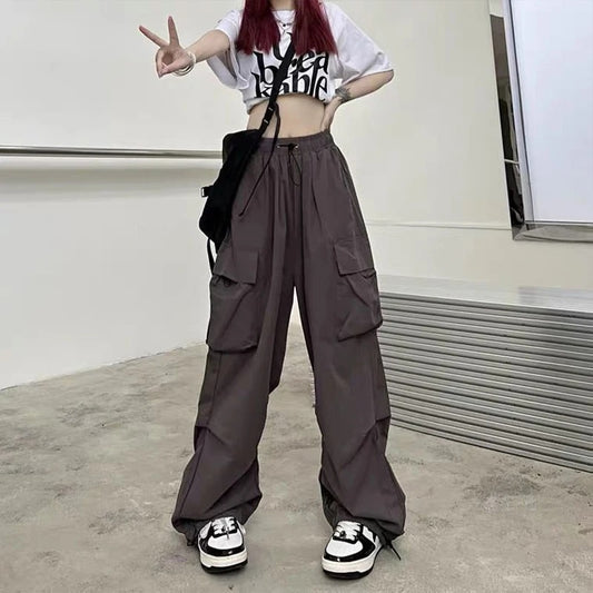 Women Casual Baggy Cargo Pants Solid Low Waist Joggers Tech Pants Drawstring Wi