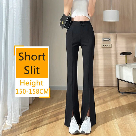 Plus Size Slit Front Black Flare Pants for Women Korean Style Casual Office Lad