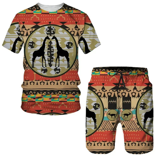 Men Women Sports Suit 3D African Print T-Shirt Shorts Short Sleeve Ethnic Style