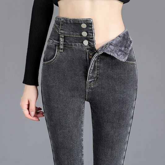 Thermal Winter Thick Fleece High-waist Warm Skinny Jeans Thick Women Stretch Bu