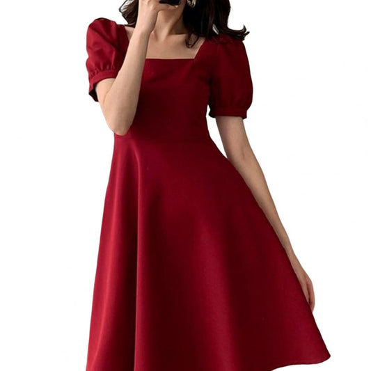 Women Summer Dress Square Neck A-line Big Hem Short Sleeves Dress-up Elegant Ev