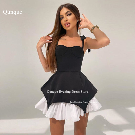 Qunque Short Satin Homecoming Dresses for Teens Spaghetti Straps Prom Dress Wit