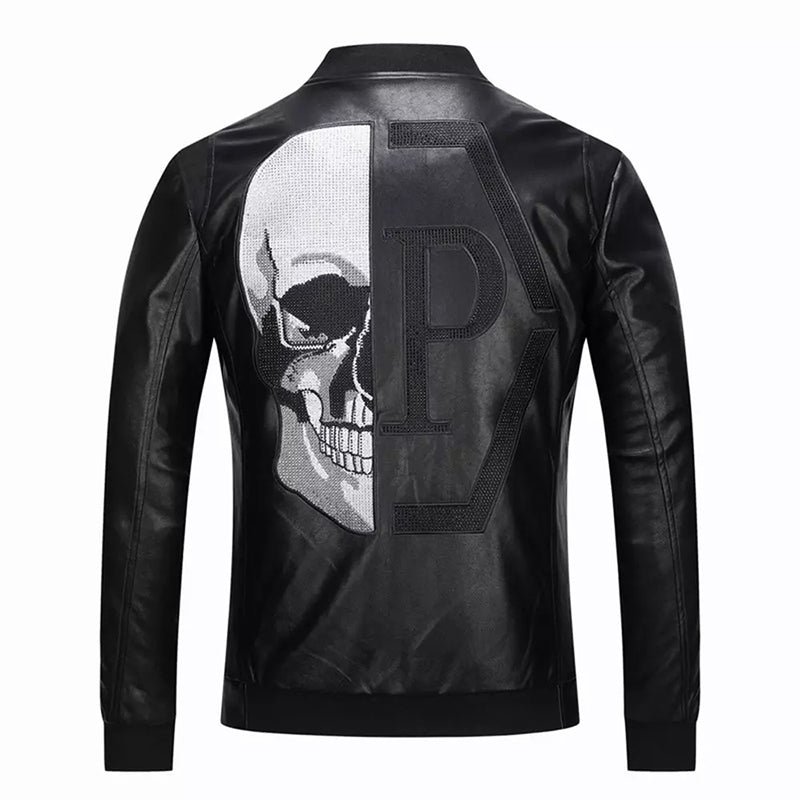 New Skull Rhinestones PU Jackets Men Black High Street Stand-Neck Zipper Rib Sl