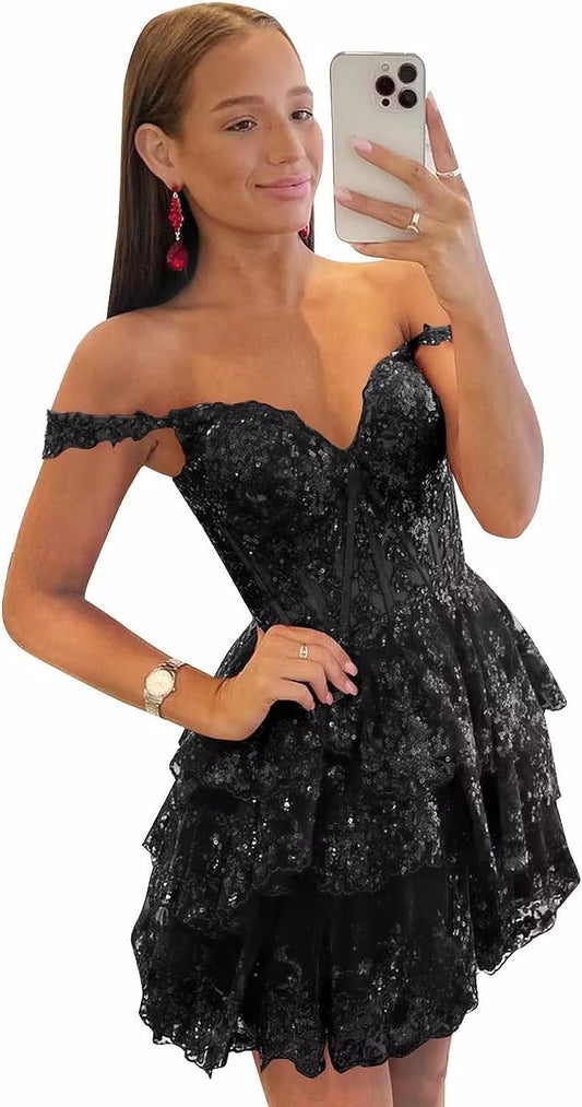 Off-the-Shoulder Sweetheart Tulle Homecoming Dresses Lace Tiered Sleeveless Spa