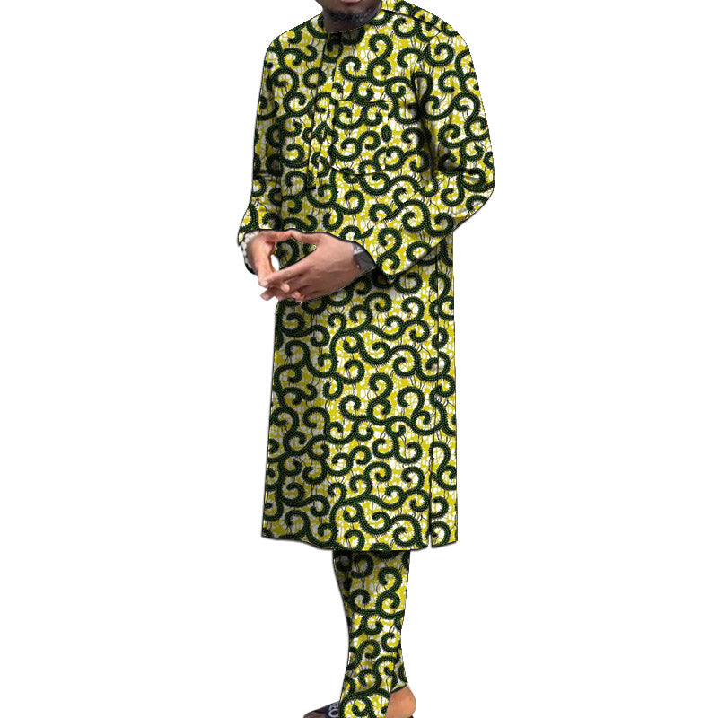 Nigerian Polyester Print Men's Set Long Sleeve Shirt+Pant African Traditional M