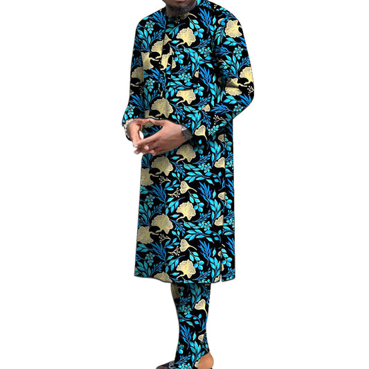 Nigerian Polyester Print Men's Set Long Sleeve Shirt+Pant African Traditional M