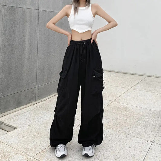 Women Casual Baggy Cargo Pants Solid Low Waist Joggers Tech Pants Drawstring Wi