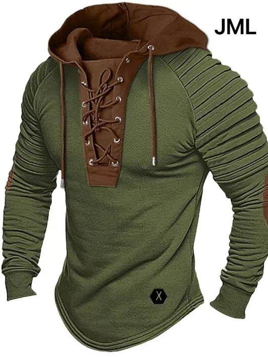 Men's Solid Color Casual T-shirt Top, Long Sleeved Shirt, Slim Fit Pleated Hood