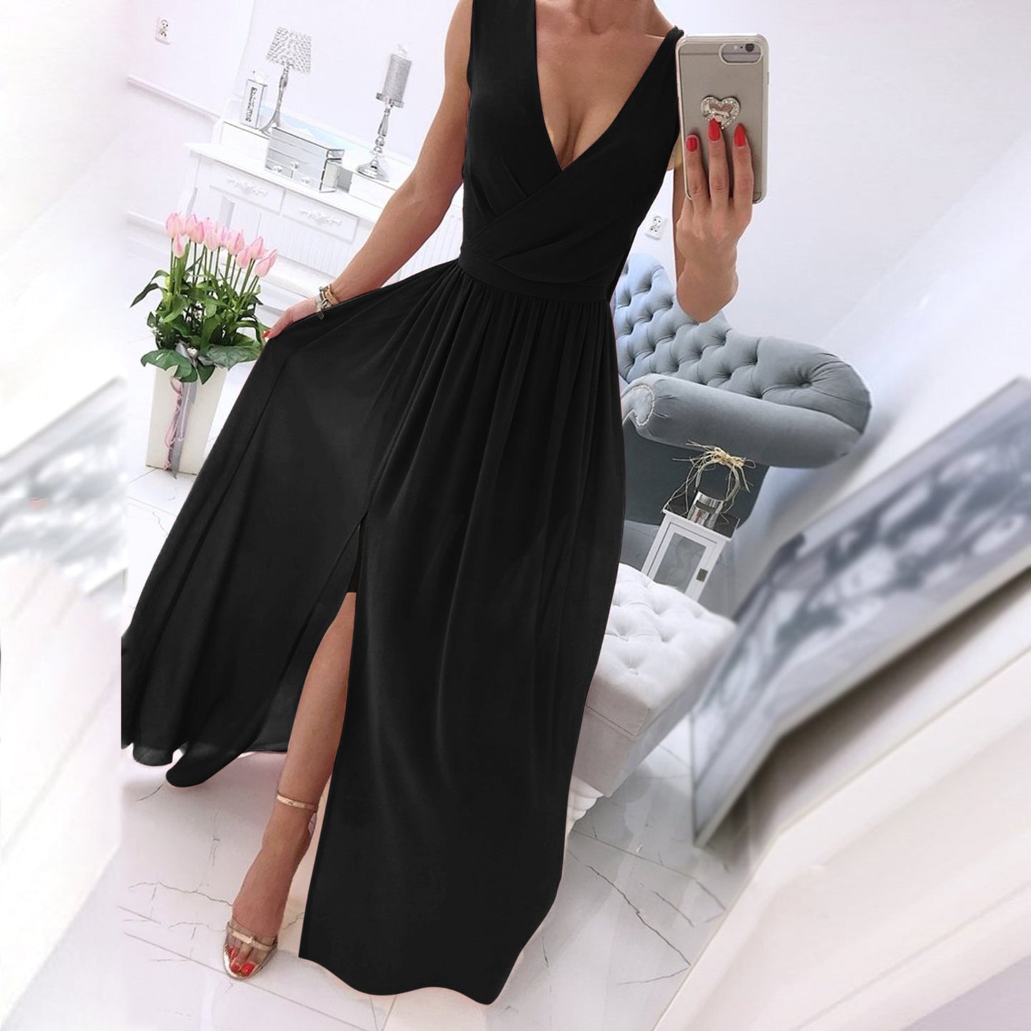 Women's Dresses Summer Pleated V Neck Sleeveless Side Slit Long Maxi Casual Ch