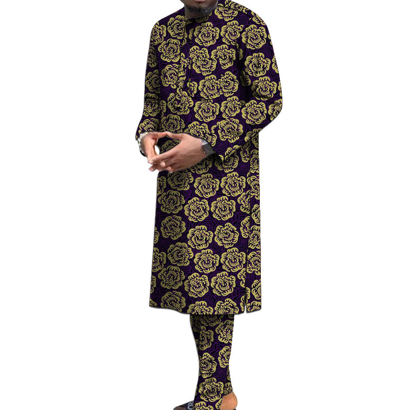 Nigerian Polyester Print Men's Set Long Sleeve Shirt+Pant African Traditional M