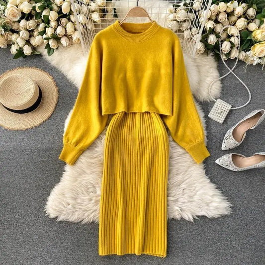 Women Sweater Midi Dress Set Casual Pullovers Suits Autumn Winter O-neck Long S