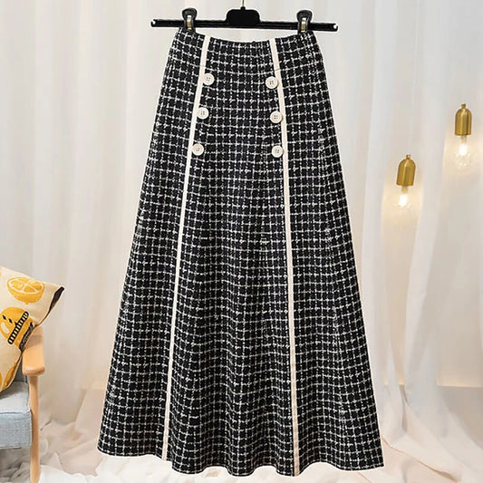 Plaid button knitted skirt high waist women autumn and winter fashion new mid-l