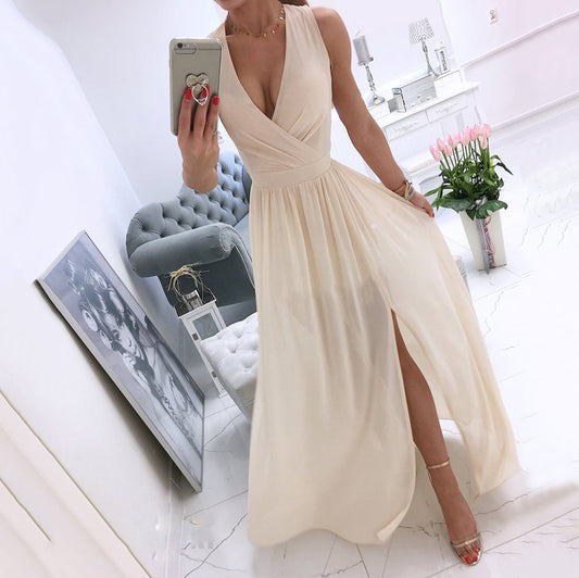 Women's Dresses Summer Pleated V Neck Sleeveless Side Slit Long Maxi Casual Ch