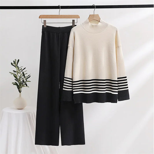 Knitted Two Piece Women Sets Winter Women Knit Suit Striped Turtleneck Sweater