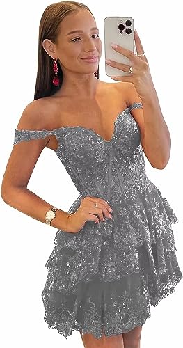 Off-the-Shoulder Sweetheart Tulle Homecoming Dresses Lace Tiered Sleeveless Spa