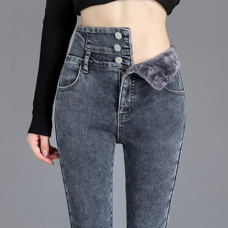 Thermal Winter Thick Fleece High-waist Warm Skinny Jeans Thick Women Stretch Bu