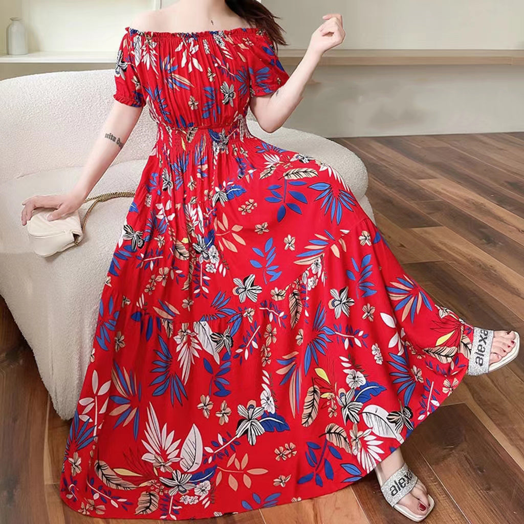 Women's Bohemian Style Beach Maxi Long Dress Floral Cotton Off Shoulder Round N