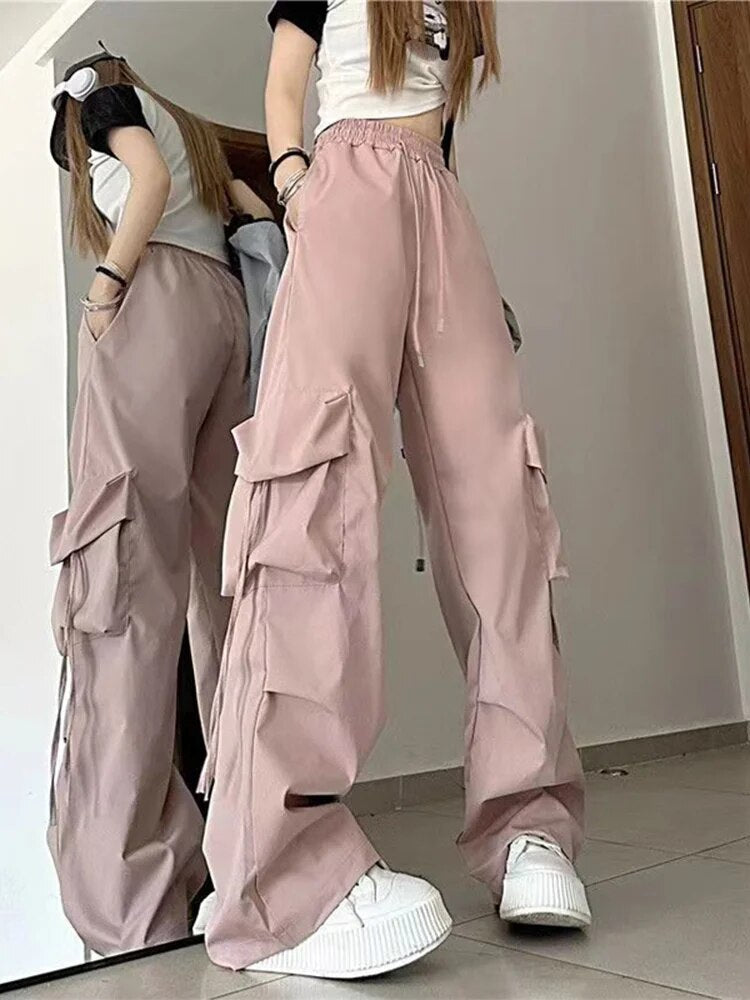 Women Hip Hop Cargo Pants High Waist Wide Leg Y2K Korean Streetwear Trouser Fem