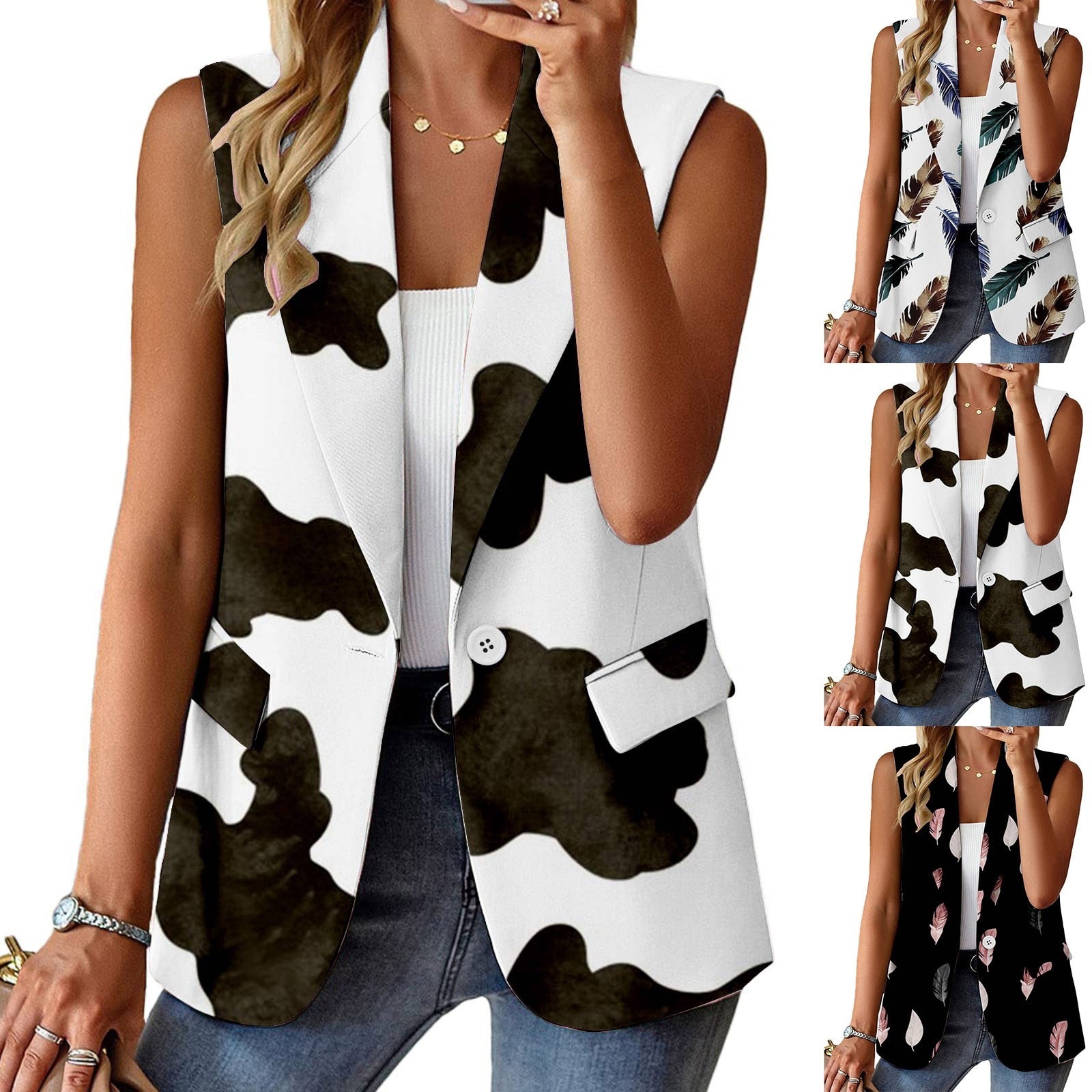 Womens Sleeveless Suit Blazer Vests Coats Cardigan Lapel Cow Print Jacket With image 8
