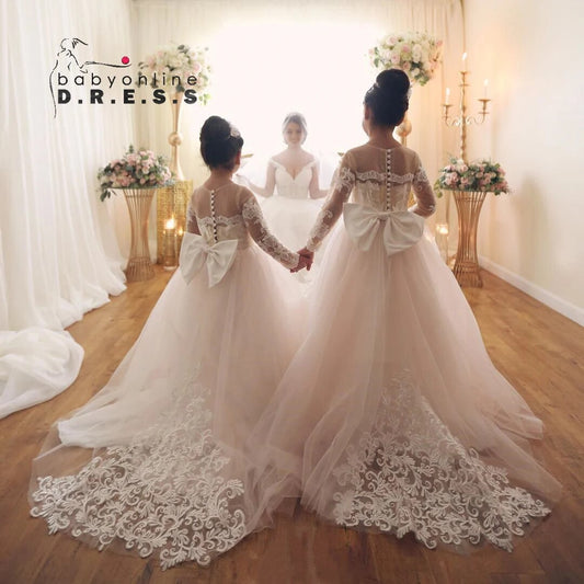 BABYONLINE Long Sleeve White Ivory Flower Girl Dresses for Wedding Guest Child image 0