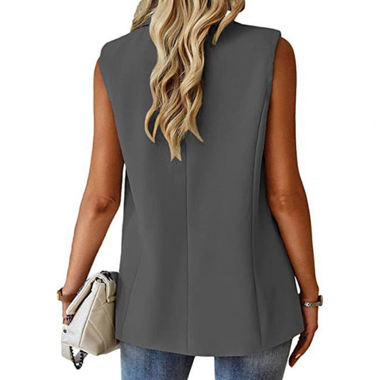 Lady Solid Color Coat Stylish Women's Sleeveless Lapel Single Button Mid Length image 0