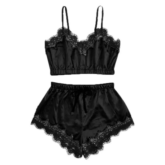 Women Cute Lace Pajamas Set Silk Satin Sleepwear Summer V-neck Sleeveless Pijam image 0
