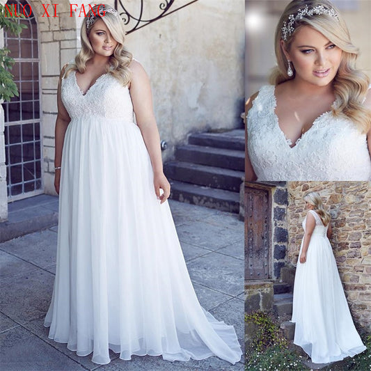 White Plus Size Chiffon Applique Lace Beach Wedding Dresses Pregnant Women Cors image 0