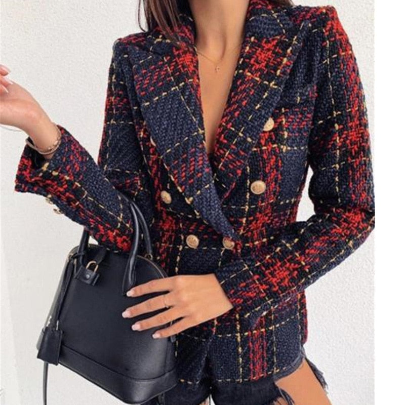 Vintage Red Plaid Blazers Women Double Breasted Autumn Tweed Suits Coats Lapel image 1