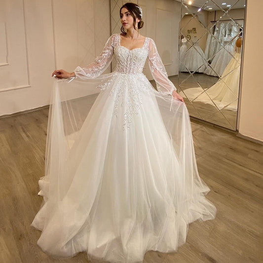 Eightree White Wedding Dresses Sweetheart Appliques Bridal Dress 2022 Puff Slee image 0