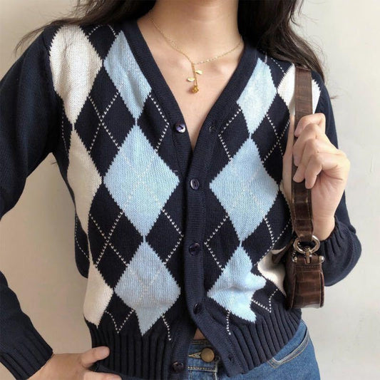 Women Long Sleeve Button Down Knit Cardigan Vintage Argyle Plaid Sweater Coat