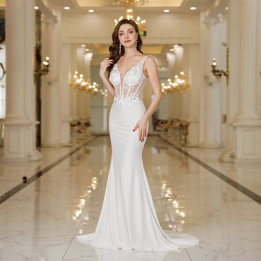 MisShow Elegant Straps White Mermaid Wedding Dresses Lace Pearls Backless V Nec image 0