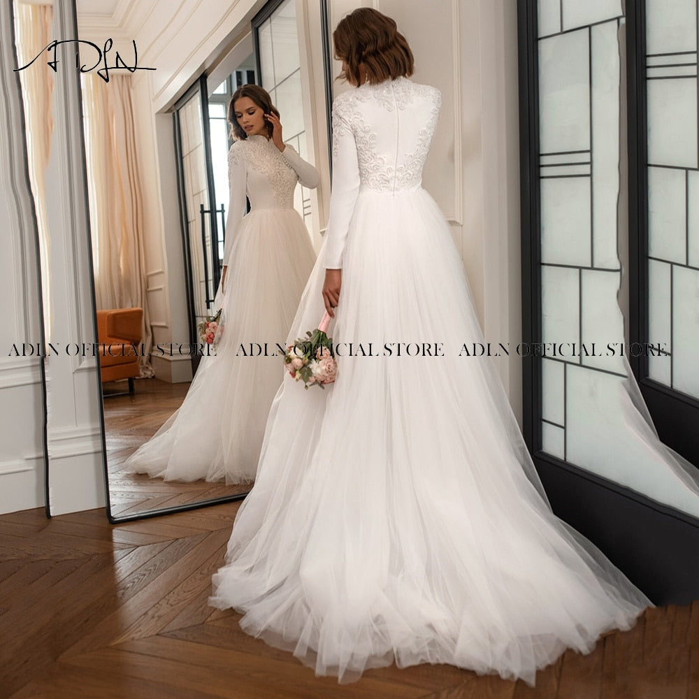 Modest Long Sleeves Muslim Wedding Dresses Custom Made High Collar Saudi Arabia A-Line Wedding Gown Tulle Beaded Bridal Gown