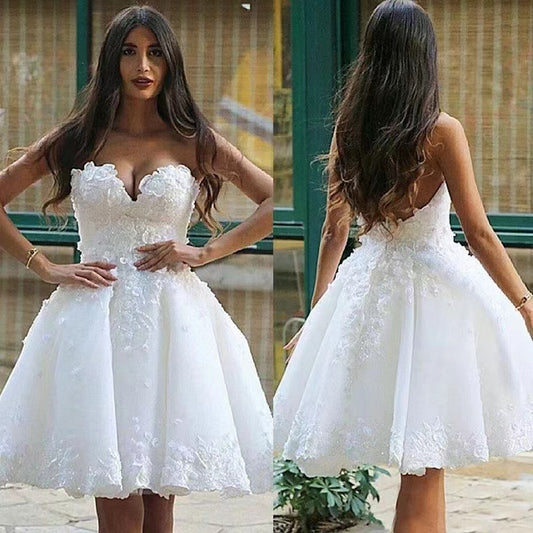 2022 New Charming White A Line Wedding Dresses for Bride Short Sweetheart Flora image 0