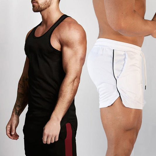 2pcs Sets Tank Top+Shorts Men Summer Joggers Suits Bodybuilding Fitness Men Tracksuits Gym Clothing Streetwear Mesh Sweatpant