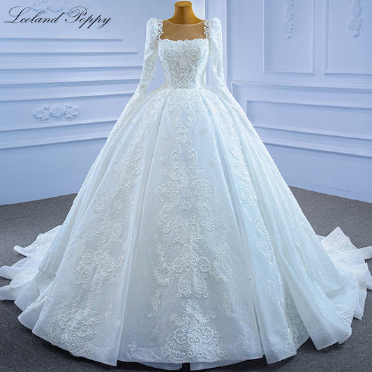 Lceland Poppy a Line Full Sleeves Lace Wedding Dress Pearls Beaded Floor Length Vestido De Novia Court Train Bridal Gowns