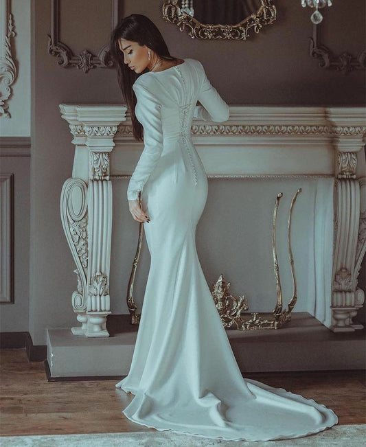 Classic Satin V-Neck Long Sleeve Muslim Wedding Dresses Mermaid Pleated Ivory Sweep Train Bridal Gowns for Women