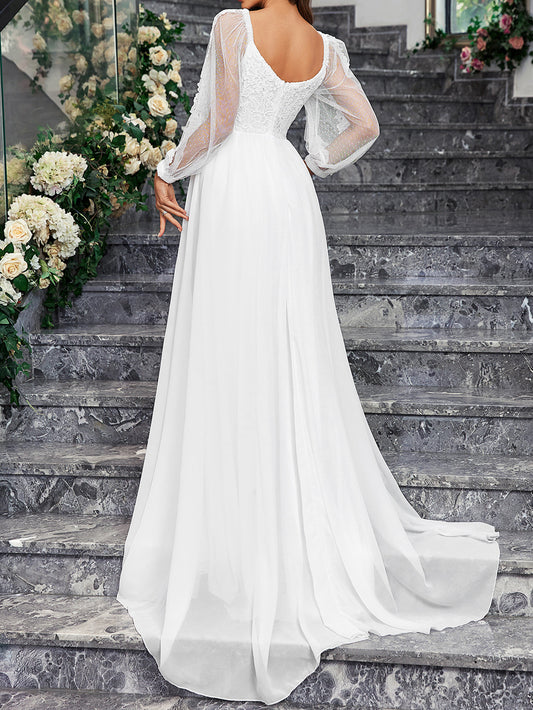 Women'S Wedding Dresses Boho Long Sleeves Romantic White V-Neck Long Sleeve Lac image 0
