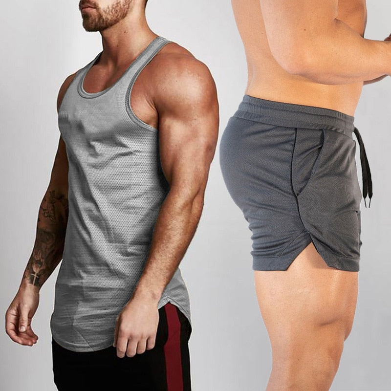 2pcs Sets Tank Top+Shorts Men Summer Joggers Suits Bodybuilding Fitness Men Tracksuits Gym Clothing Streetwear Mesh Sweatpant