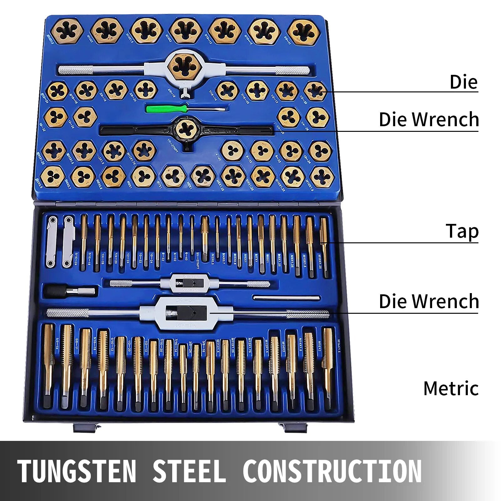 VEVOR Tap and Die Set 86PCS 110PCS Tungsten Steel Titanium Hand Threading Tool image 4
