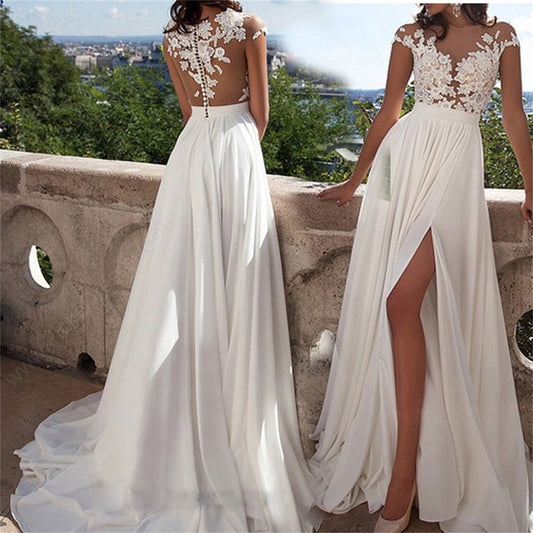 Elegant Women Wedding Party Long Dress Sexy Lace Chiffon V-Neck White Dress Hol image 0