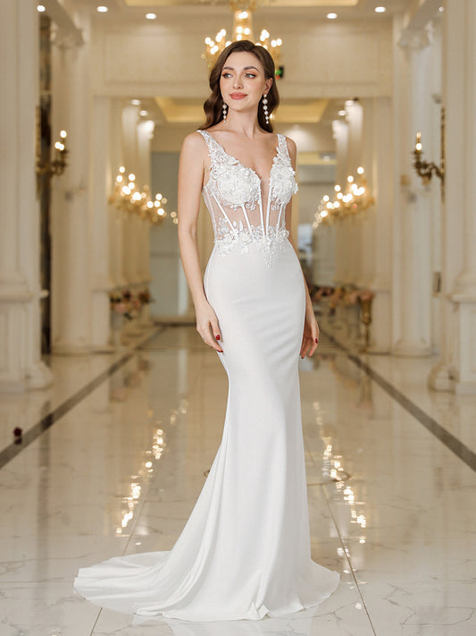 Sexy Luxury White Elegant Mermaid Wedding Dress Floral Lace Beaded V neck Sleev image 0