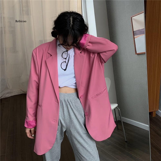 Chic Loose Light Pink Women Blazer Spring Summer Single Buttons Female Oversize image 0