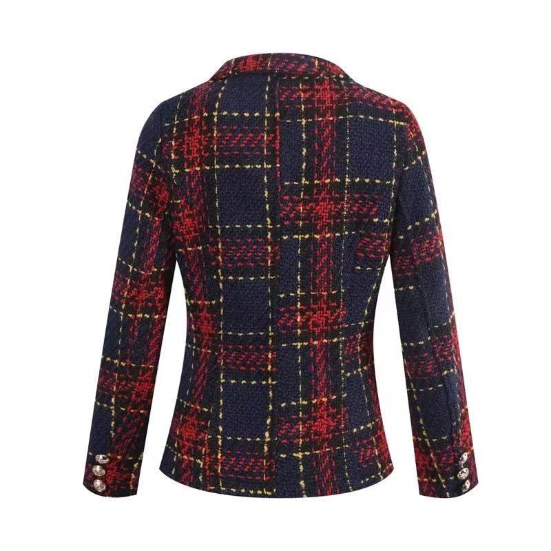 Vintage Red Plaid Blazers Women Double Breasted Autumn Tweed Suits Coats Lapel image 6