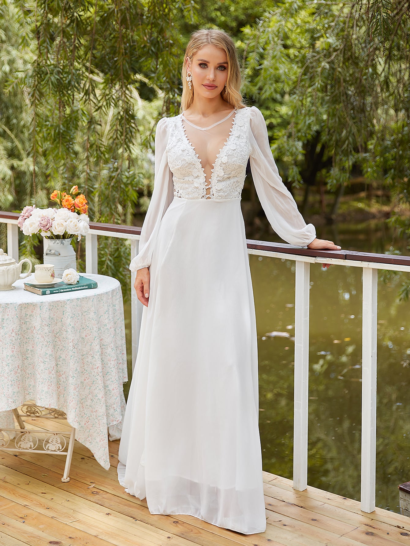 Women's V-Neck Lace Beach Wedding Dress With Slit Long Sleeve Chiffon Bohemian image 0