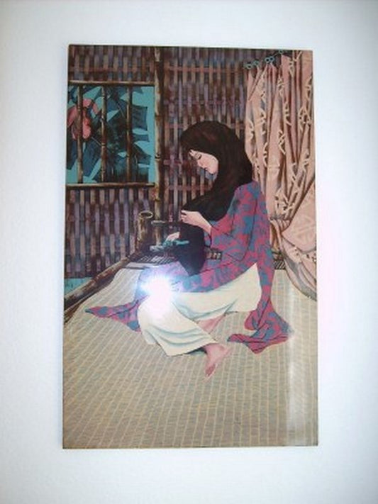 Oriental Lady Bush Hair Lacquer Painting on Wood