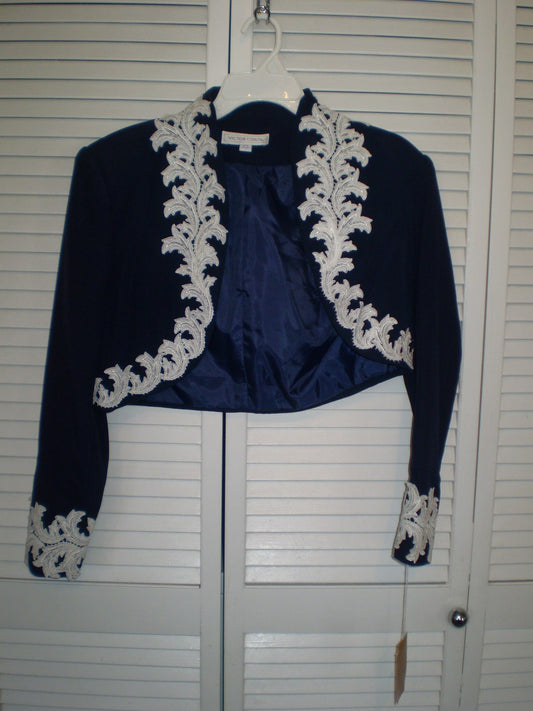 Victor Costa Women Jacket Crepe Navy White Lace Size 6