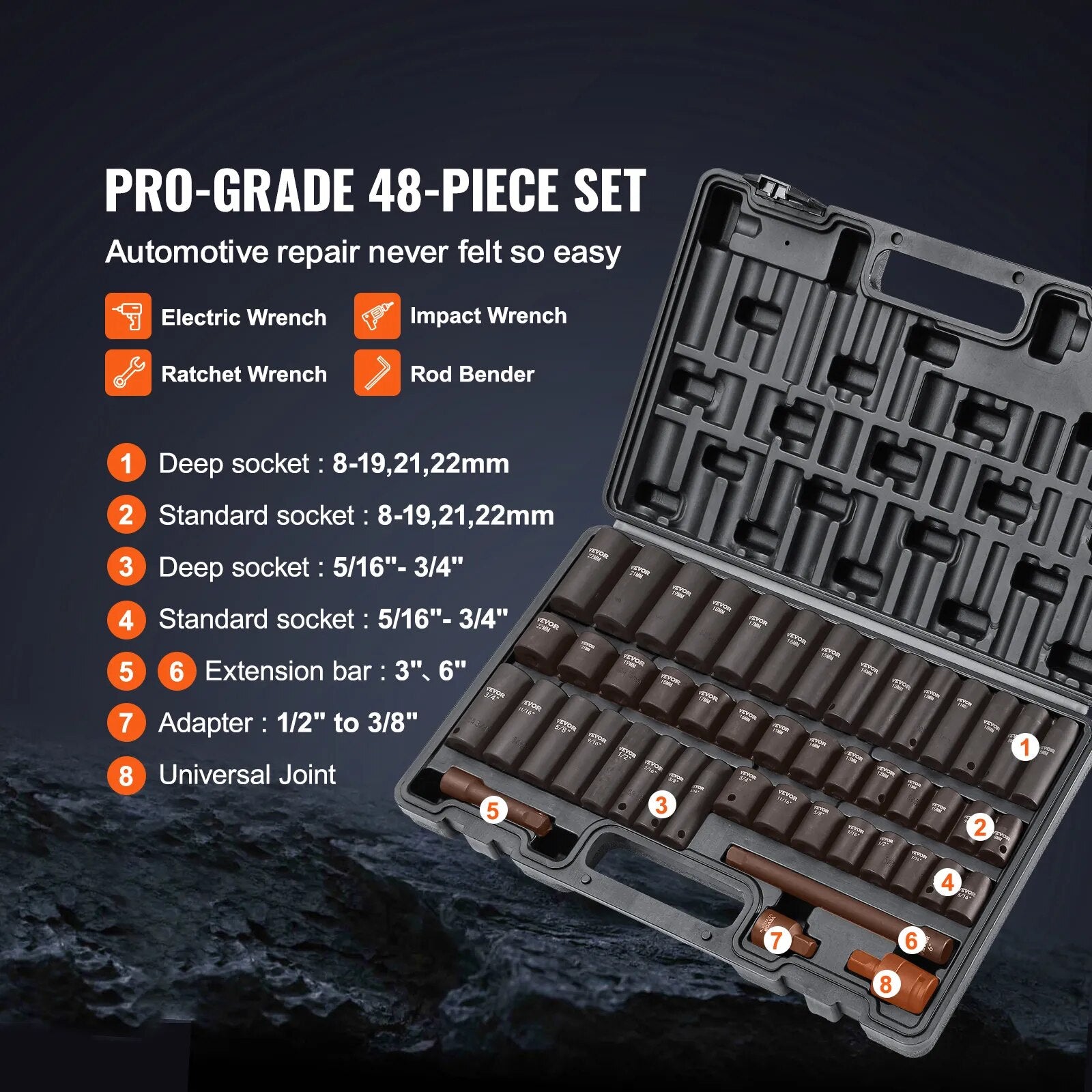 VEVOR 1/2" 3/8" Drive Impact Socket Set 23/33/34/48/65 PCs Deep Socket Set SAE image 4